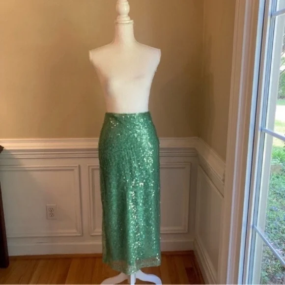 ZARA Sea Green Sequin Lace Pencil Skirt - Picture 3 of 16